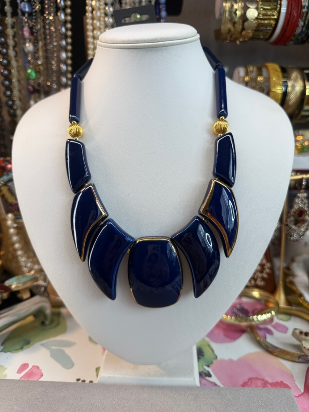 Vintage Japan Navy & Gold Ceramic Statement Necklace